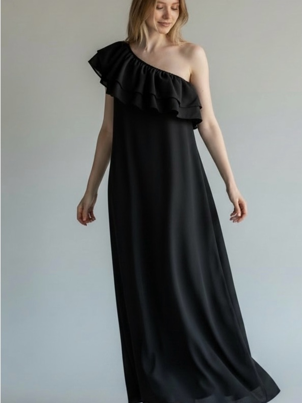 Belle Badgley Mischka Size 8 Black One Shoulder Maxi Sleeveless Dress Formal